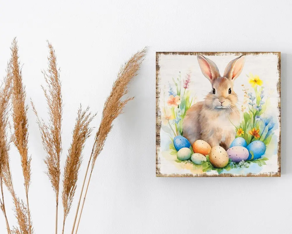 12" X 12" White Yellow And Pink Rabbit Easter Floral Canvas Square Hanging Wall Decor HomeRoots