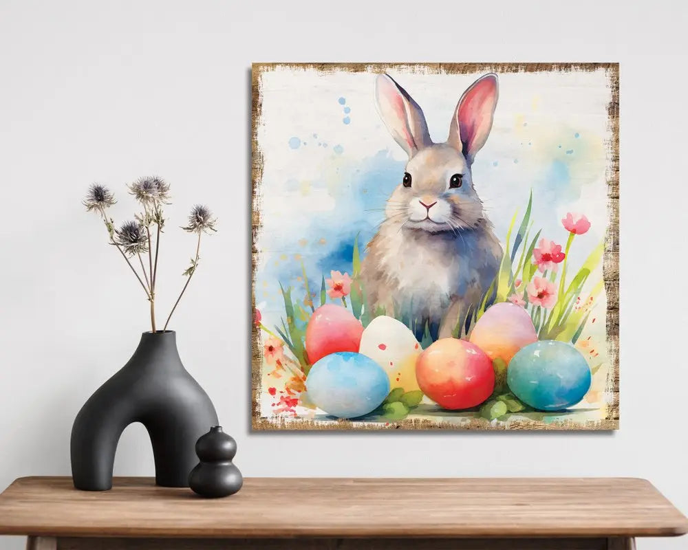 12" X 12" White Yellow And Pink Rabbit Easter Floral Canvas Square Hanging Wall Decor HomeRoots
