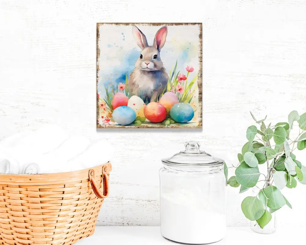 12" X 12" White Yellow And Pink Rabbit Easter Floral Canvas Square Hanging Wall Decor HomeRoots