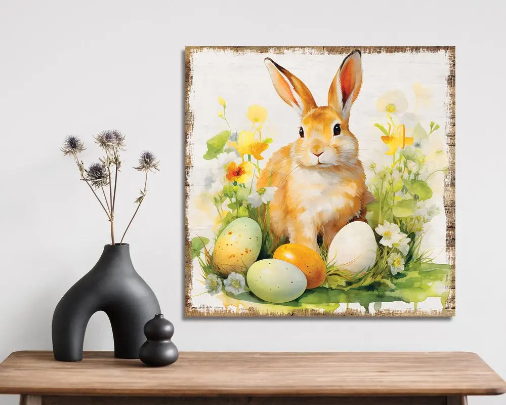 12" X 12" White Yellow And Pink Rabbit Easter Floral Canvas Square Hanging Wall Decor HomeRoots
