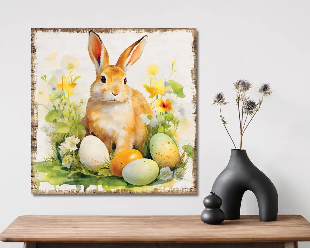 12" X 12" White Yellow And Pink Rabbit Easter Floral Canvas Square Hanging Wall Decor HomeRoots