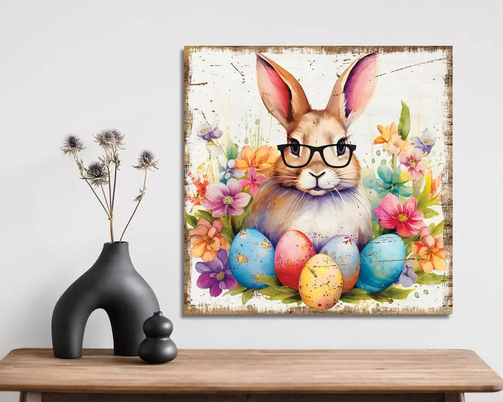12" X 12" White Yellow And Pink Rabbit Easter Floral Canvas Square Hanging Wall Decor HomeRoots