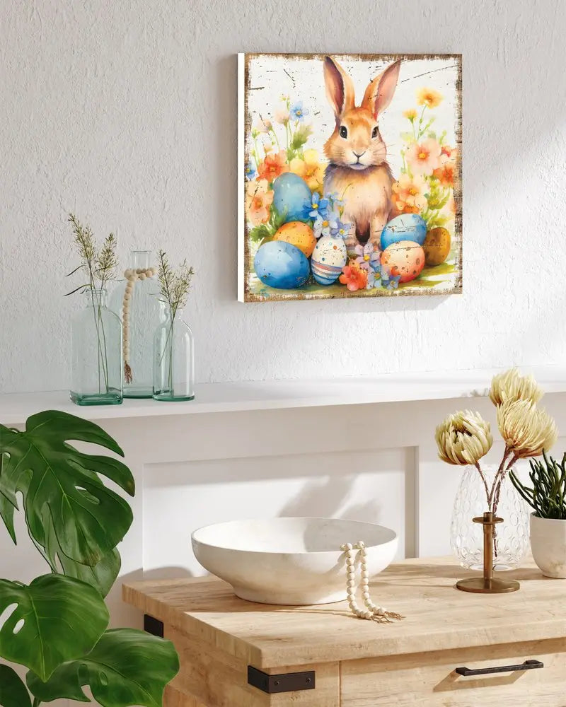 12" X 12" White Yellow And Pink Rabbit Easter Floral Canvas Square Hanging Wall Decor HomeRoots