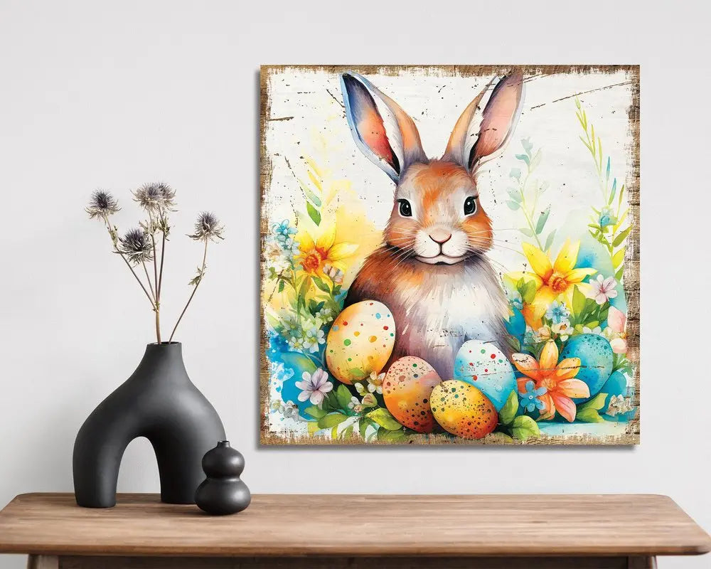 12" X 12" White Yellow And Pink Rabbit Easter Floral Canvas Square Hanging Wall Decor HomeRoots