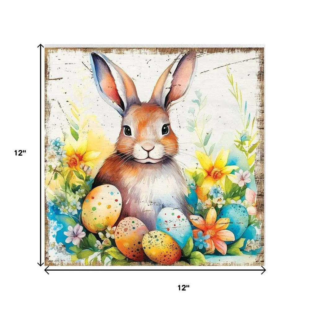 12" X 12" White Yellow And Pink Rabbit Easter Floral Canvas Square Hanging Wall Decor HomeRoots