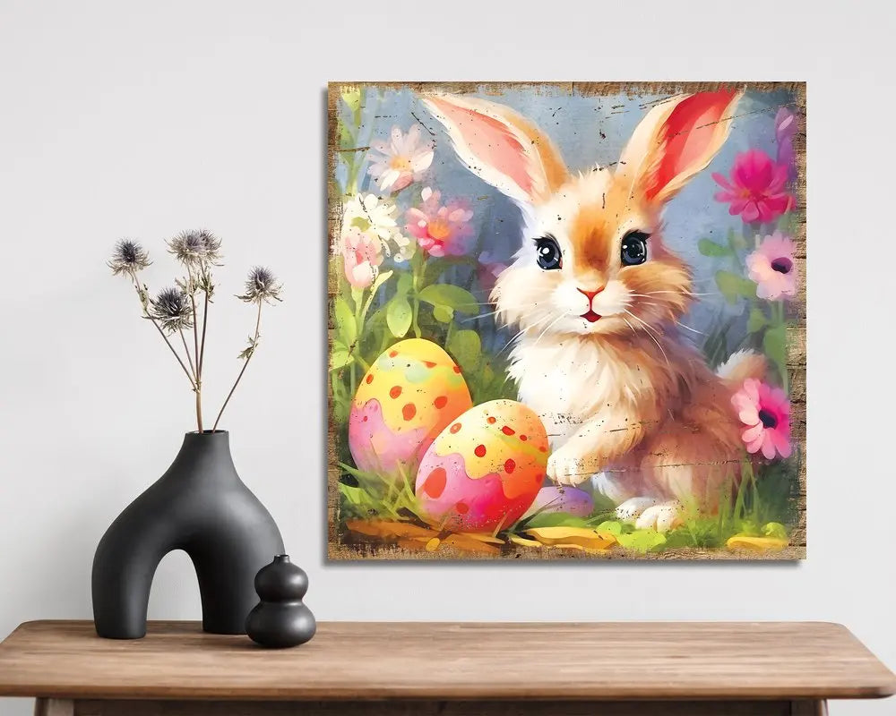 12" X 12" White Yellow And Pink Rabbit Easter Floral Canvas Square Hanging Wall Decor HomeRoots