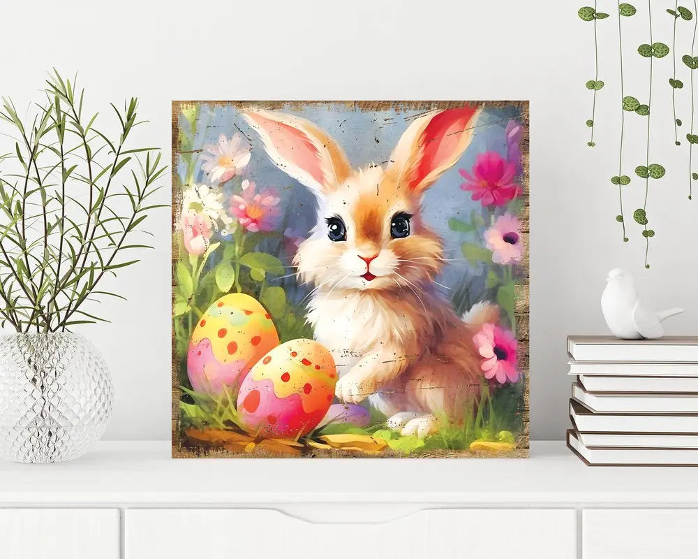 12" X 12" White Yellow And Pink Rabbit Easter Floral Canvas Square Hanging Wall Decor HomeRoots