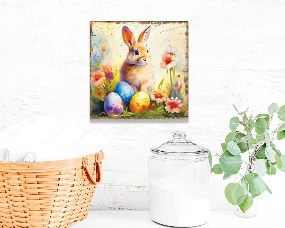 12" X 12" White Yellow And Pink Rabbit Easter Floral Canvas Square Hanging Wall Decor HomeRoots