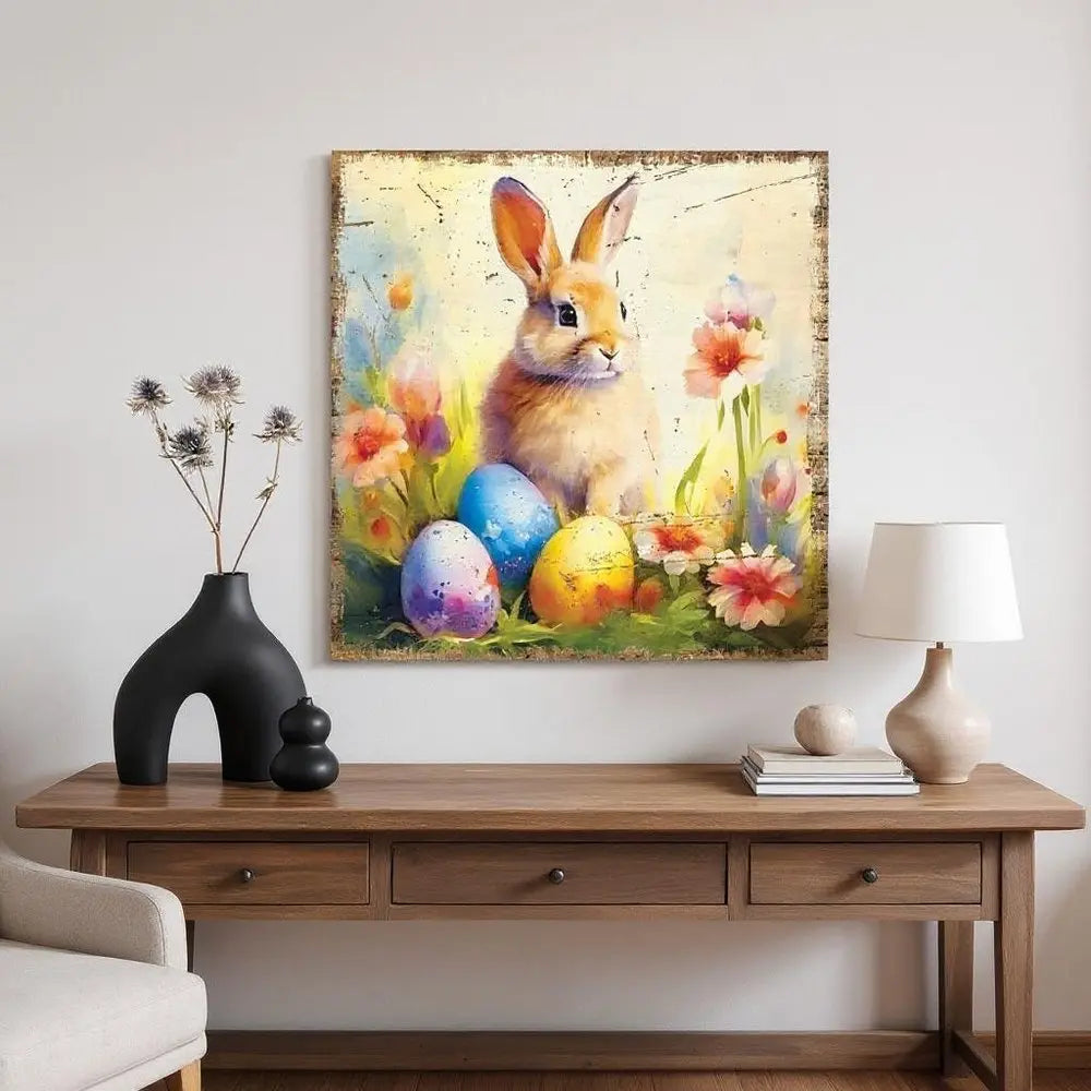 12" X 12" White Yellow And Pink Rabbit Easter Floral Canvas Square Hanging Wall Decor HomeRoots