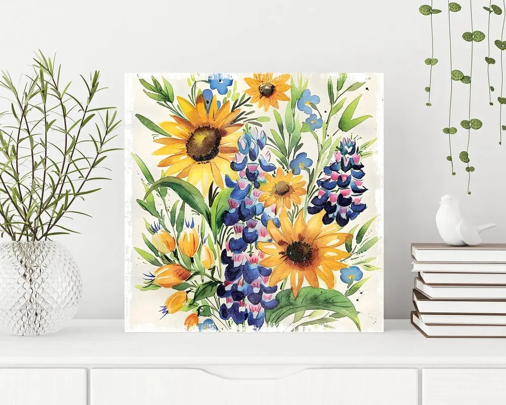 12" X 12" White Yellow And Blue Flower Floral Canvas Square Hanging Wall Decor HomeRoots