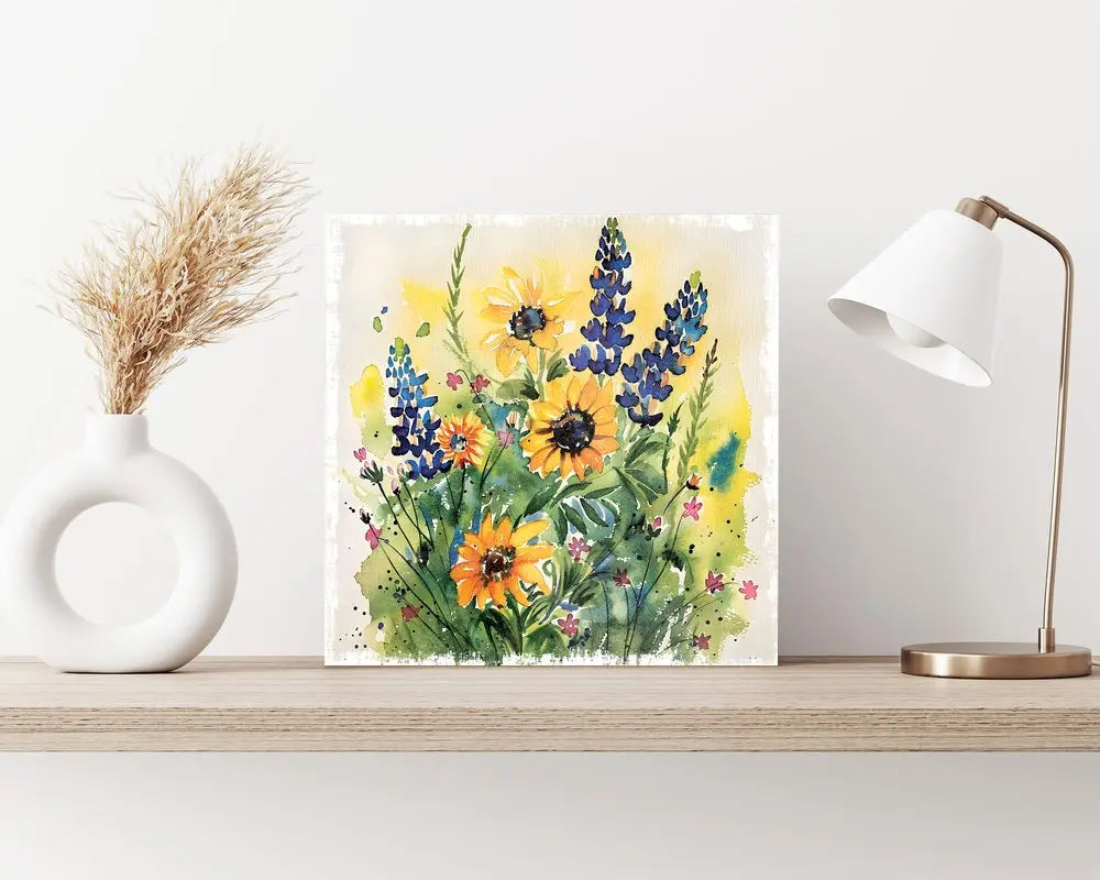 12" X 12" White Yellow And Blue Flower Floral Canvas Square Hanging Wall Decor HomeRoots