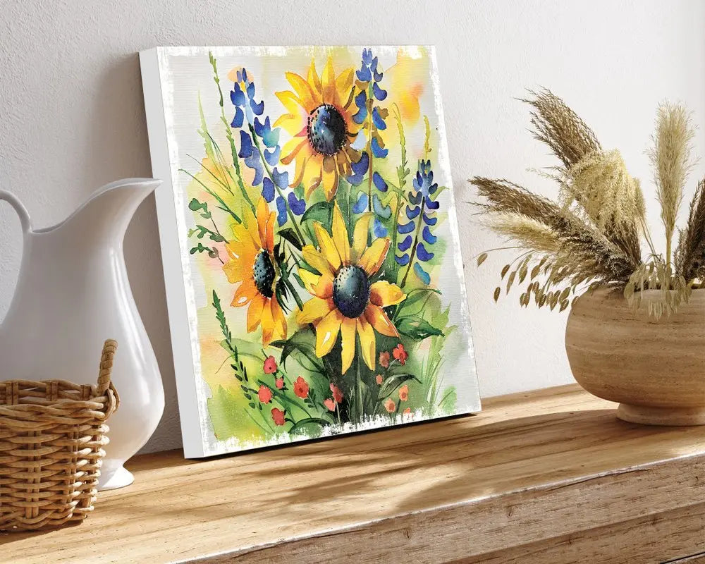 12" X 12" White Yellow And Blue Flower Floral Canvas Square Hanging Wall Decor HomeRoots