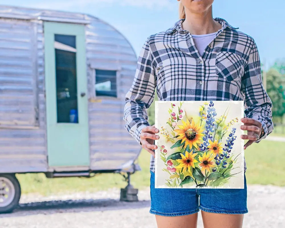 12" X 12" White Yellow And Blue Flower Floral Canvas Square Hanging Wall Decor HomeRoots