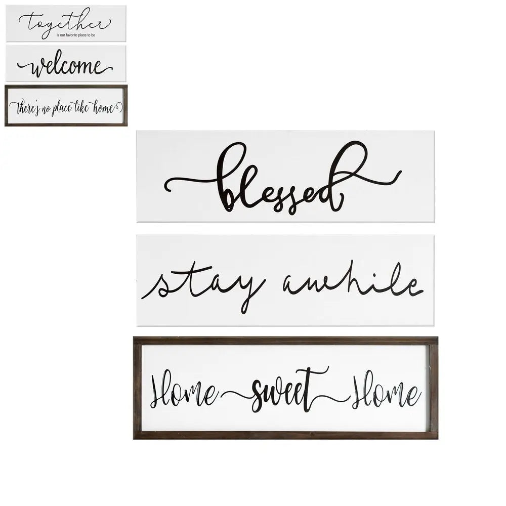 24" X 9" White And Black "Bless", "Stay A While", "Home Sweet Home" Wood Wall Decor HomeRoots