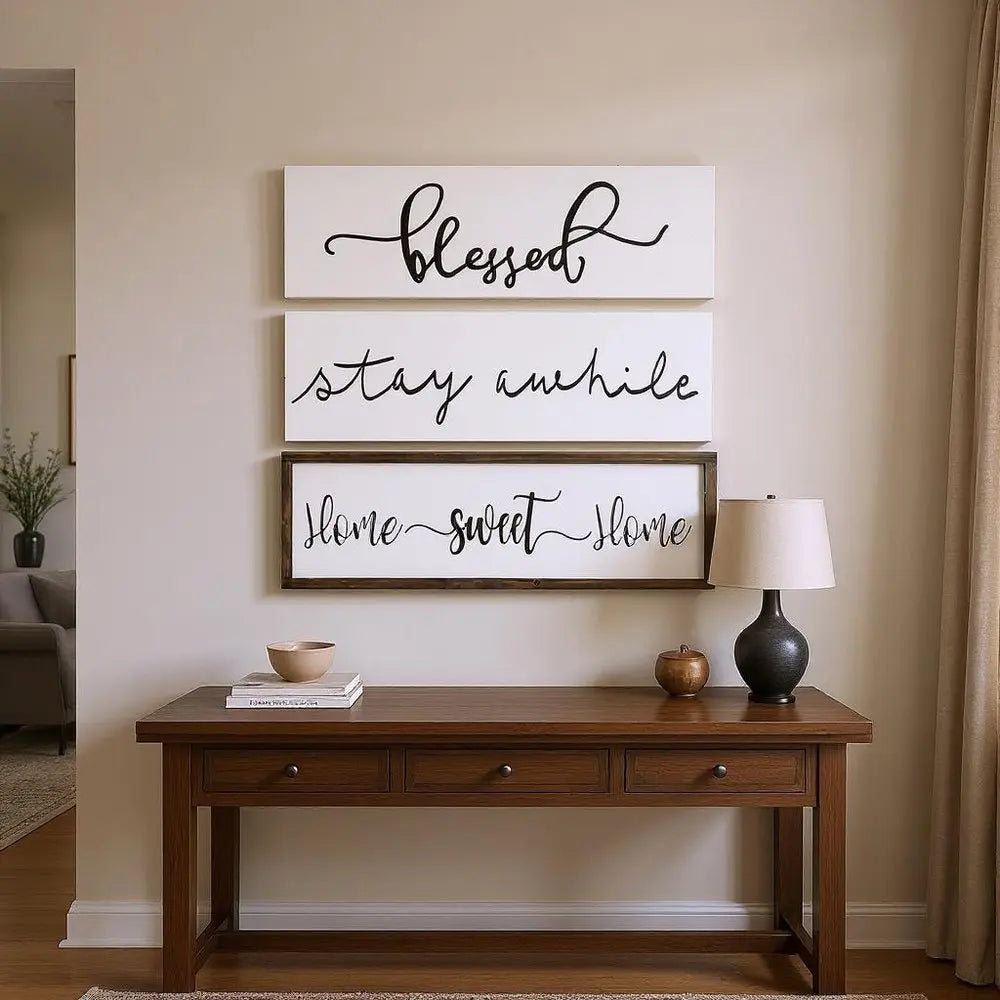 24" X 9" White And Black "Bless", "Stay A While", "Home Sweet Home" Wood Wall Decor HomeRoots