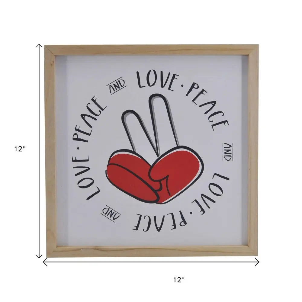 12" X 12" White Red And Black Love Peace Wood Square Wall Decor HomeRoots