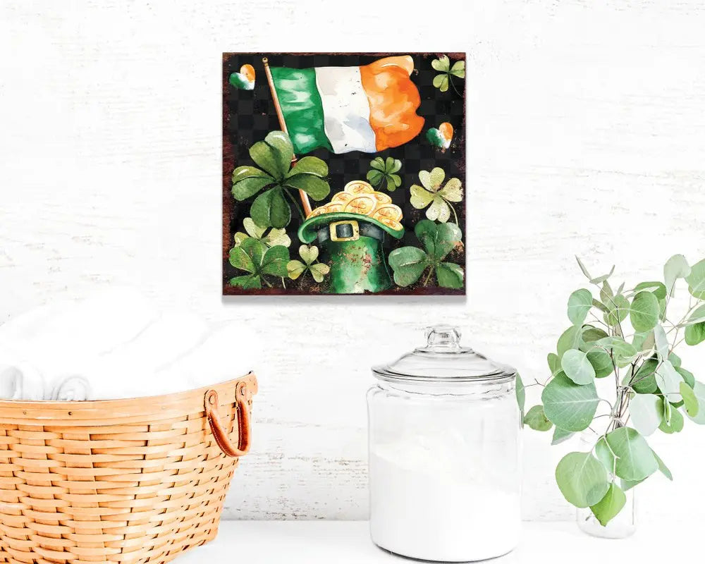 12" X 12" Black Green And Gold St Patrick's Day Leaves Floral Canvas Square Hanging Wall Decor HomeRoots