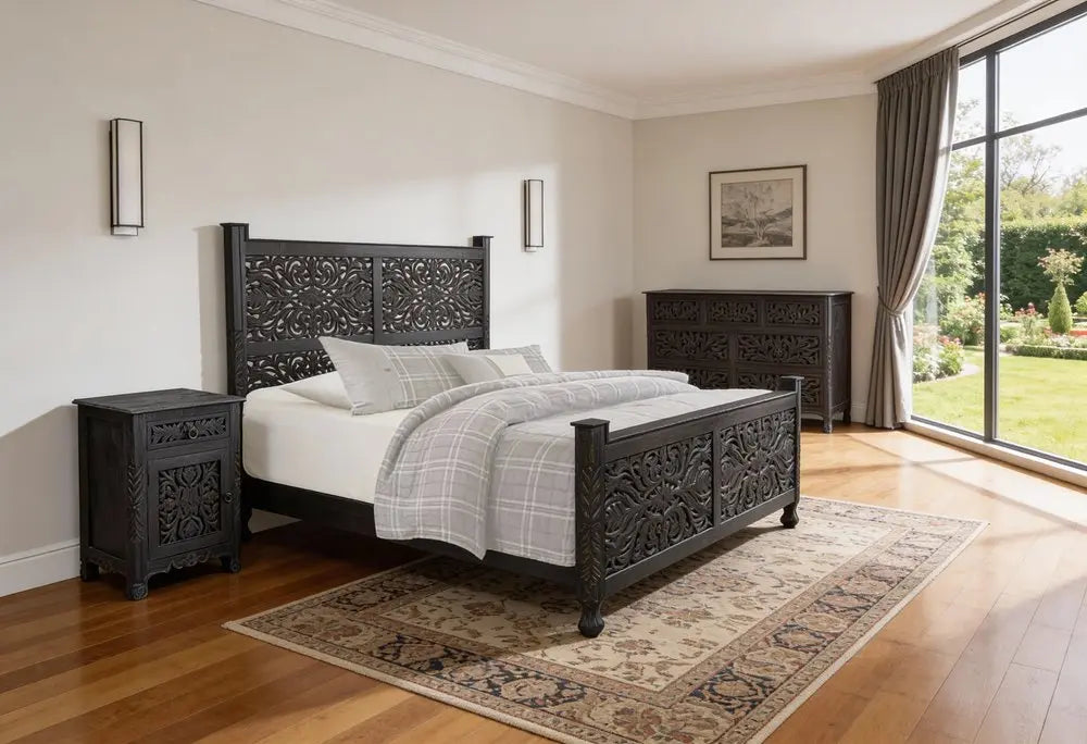 Three Piece Black Solid Wood Bedroom Set HomeRoots