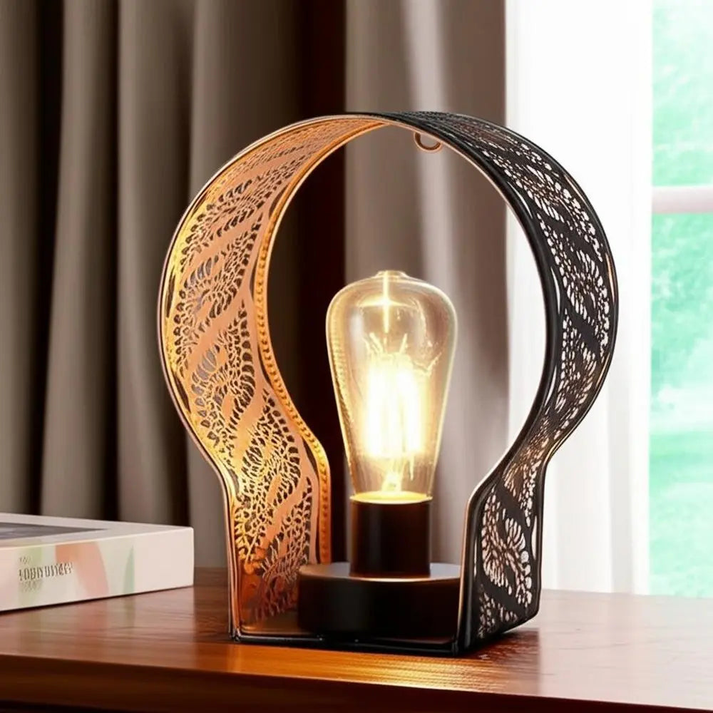 7" Black Battery Operated Round Bedside Lamp With Pierced Shade HomeRoots