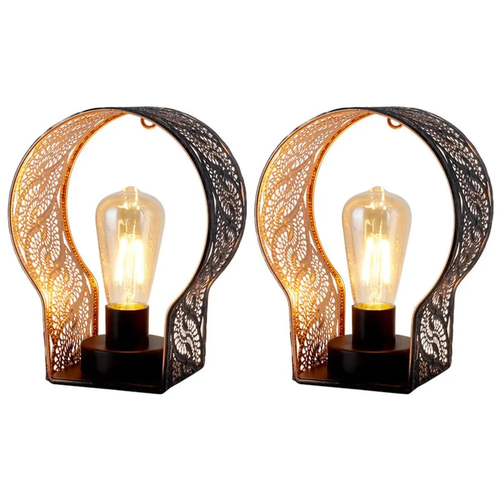 7" Black Battery Operated Round Bedside Lamp With Pierced Shade HomeRoots