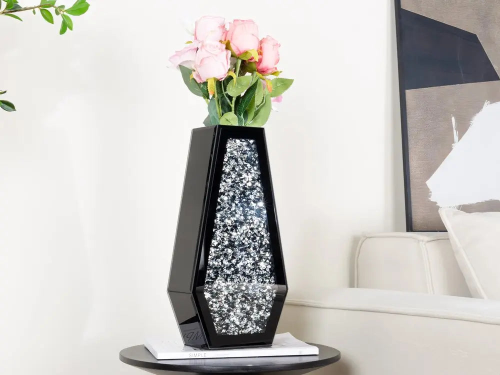 14" Black And Silver Glass Table Vase With Faux Crystals