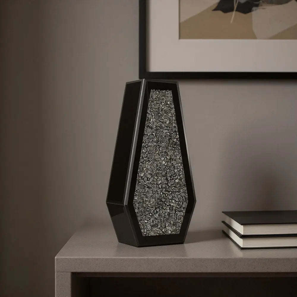 14" Black And Silver Glass Table Vase With Faux Crystals