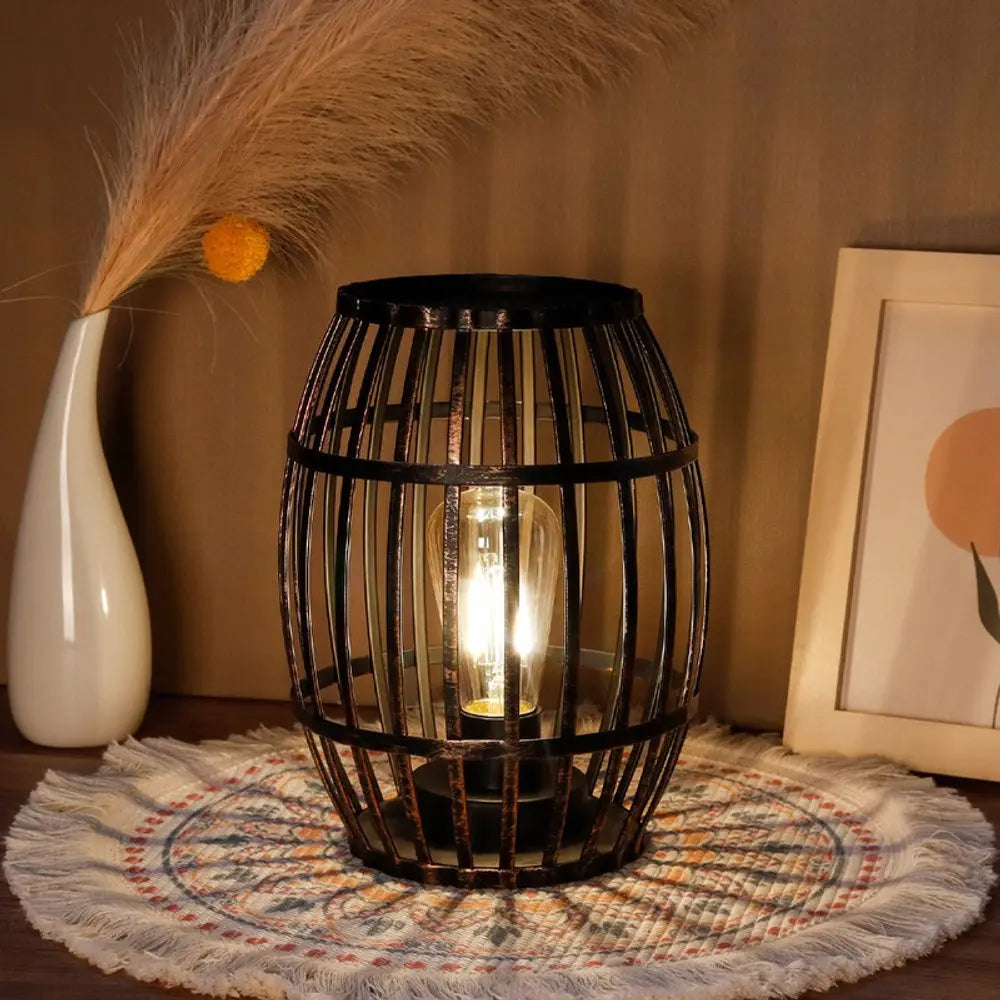 8" Black Battery Operated Novelty Bedside Lamp With Cage Shade HomeRoots