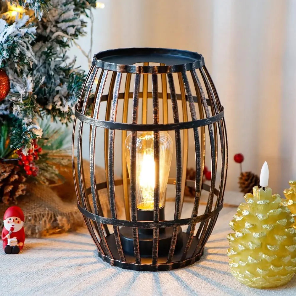 8" Black Battery Operated Novelty Bedside Lamp With Cage Shade HomeRoots
