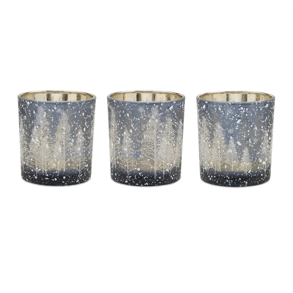 Set of Three Blue And Gray Abstract Glass Tabletop Votive Candle Holders HomeRoots
