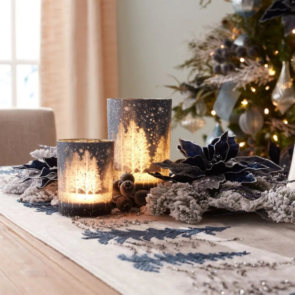 Set of Three Blue And Gray Abstract Glass Tabletop Votive Candle Holders HomeRoots