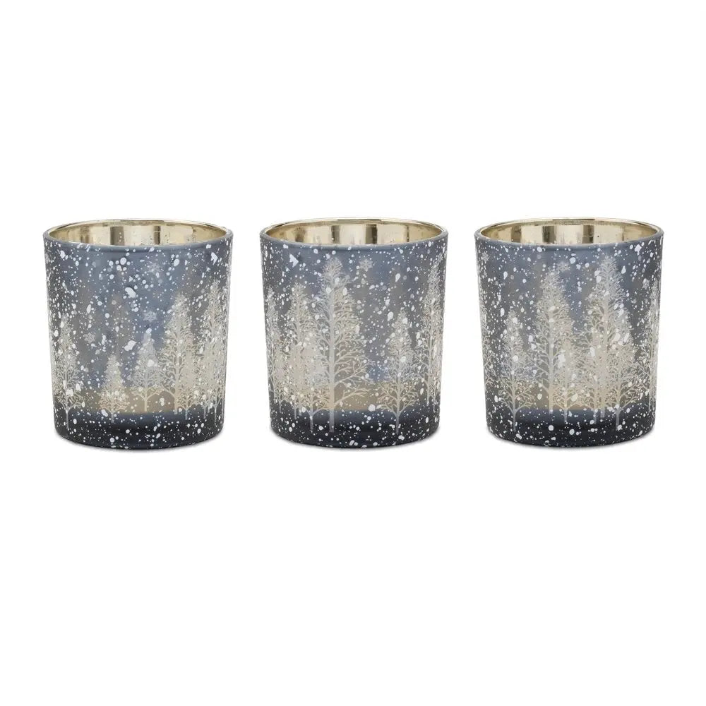 Set of Three Blue And Gray Abstract Glass Tabletop Votive Candle Holders HomeRoots