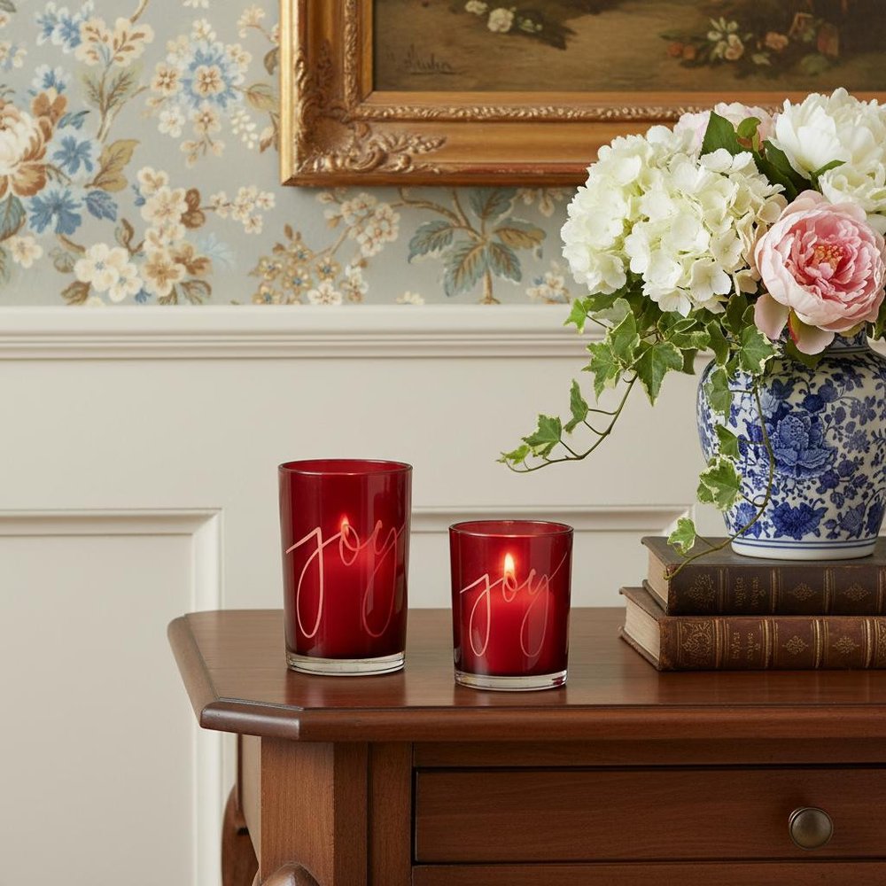 Juego de dos portavelas votivas de mesa de cristal con forma de copo de nieve rojo
