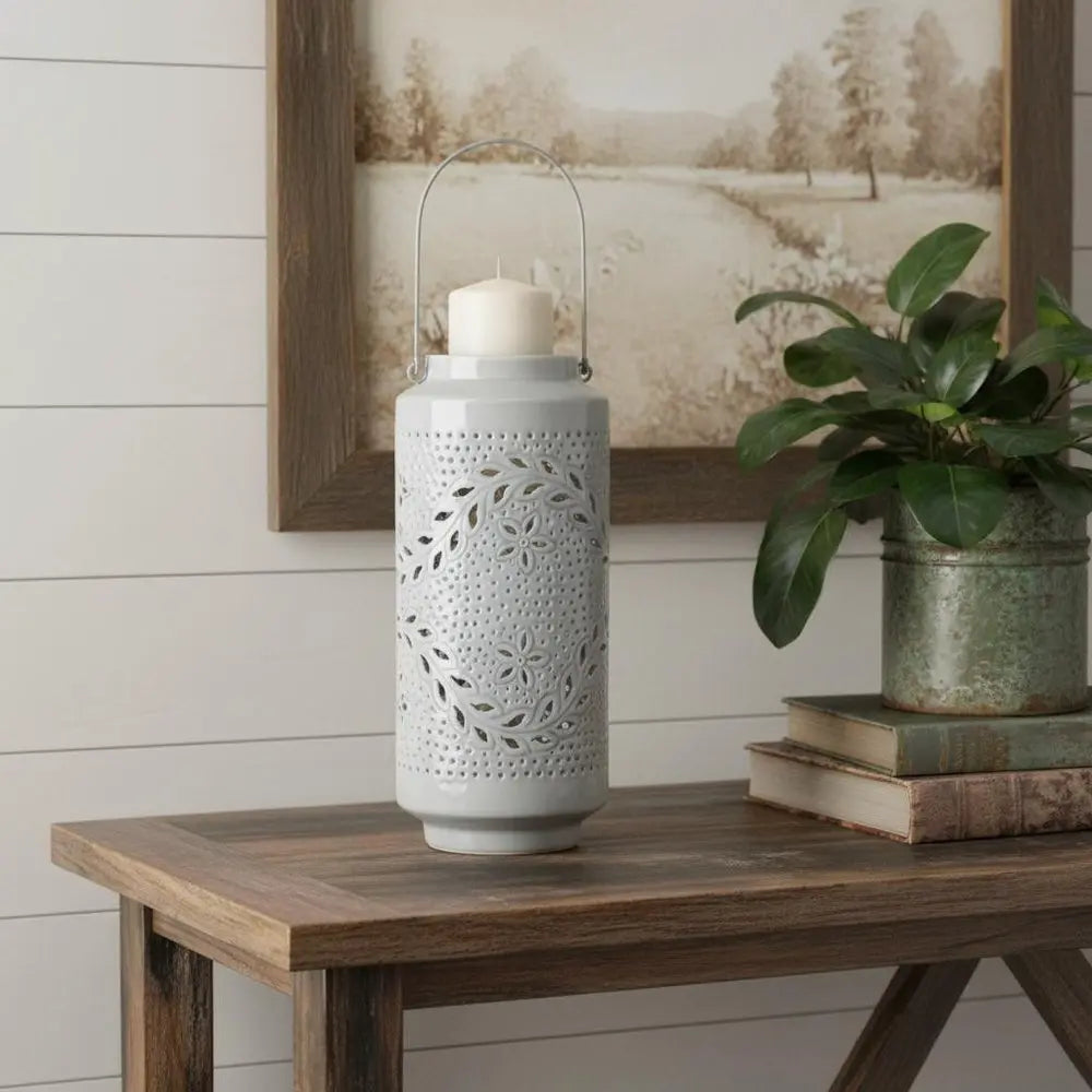 16" Gray Abstract Iron Tabletop Pillar Candle Holder HomeRoots