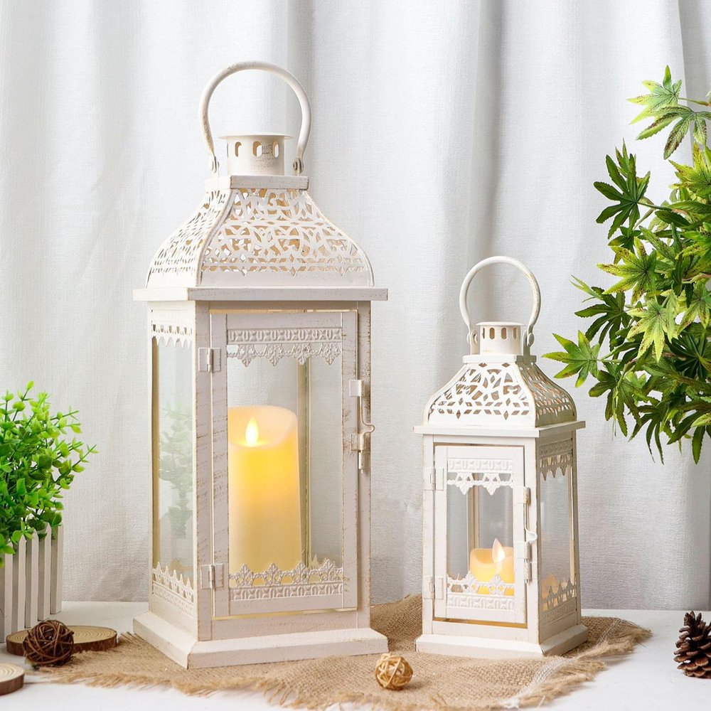 Set of Two Cream Distressed Filigree Metal Tabletop Lantern Candle Holders