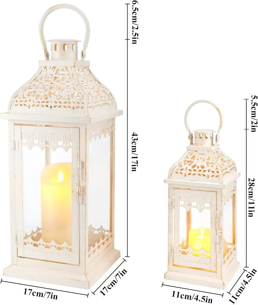 Set of Two Cream Distressed Filigree Metal Tabletop Lantern Candle Holders HomeRoots
