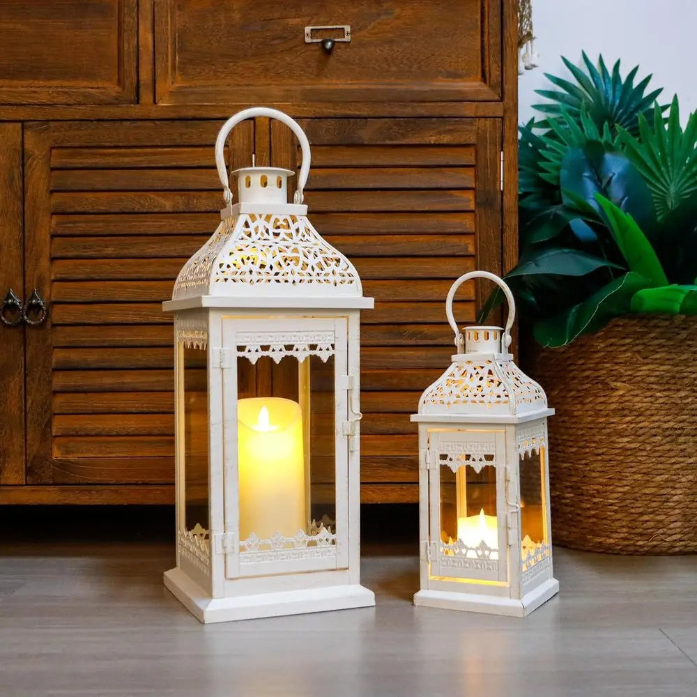 Set of Two Cream Distressed Filigree Metal Tabletop Lantern Candle Holders HomeRoots
