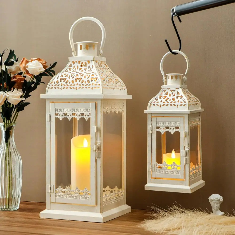 Set of Two Cream Distressed Filigree Metal Tabletop Lantern Candle Holders HomeRoots