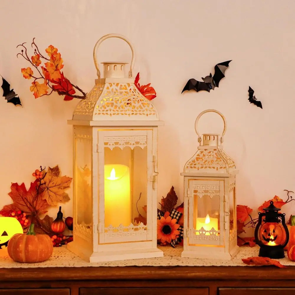 Set of Two Cream Distressed Filigree Metal Tabletop Lantern Candle Holders HomeRoots