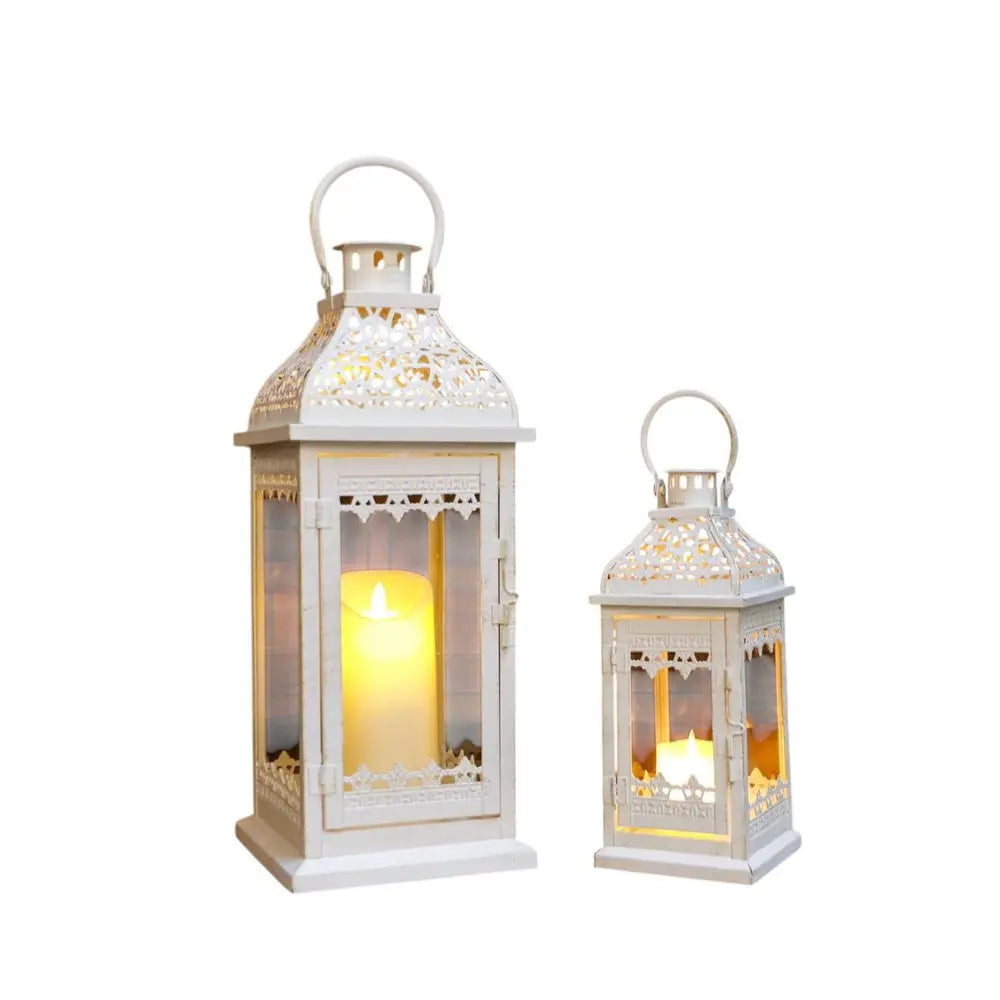 Set of Two Cream Distressed Filigree Metal Tabletop Lantern Candle Holders HomeRoots
