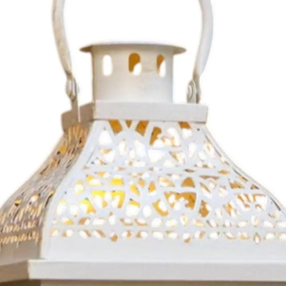 Set of Two Cream Distressed Filigree Metal Tabletop Lantern Candle Holders HomeRoots