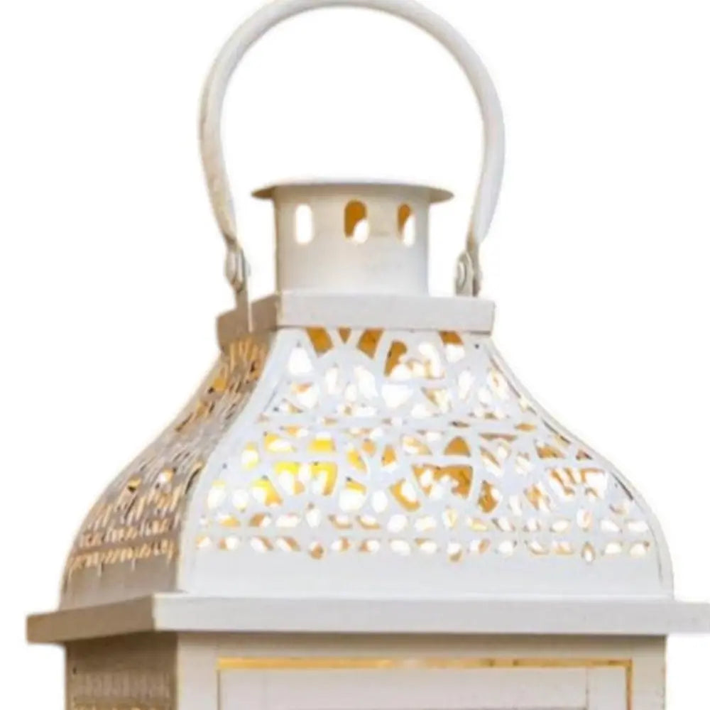 Set of Two Cream Distressed Filigree Metal Tabletop Lantern Candle Holders HomeRoots