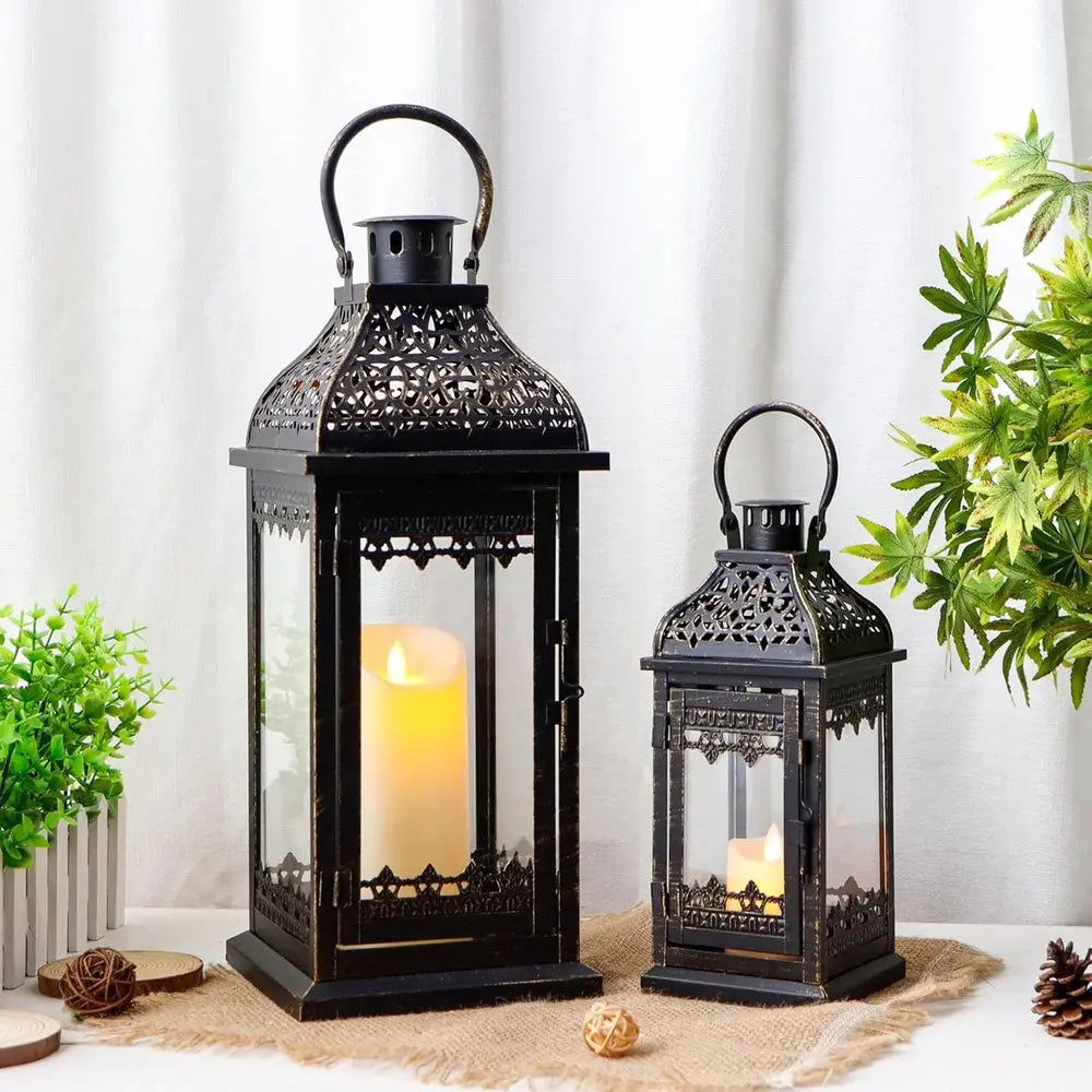 Set of Two Black Distressed Filigree Metal Tabletop Lantern Candle Holders HomeRoots