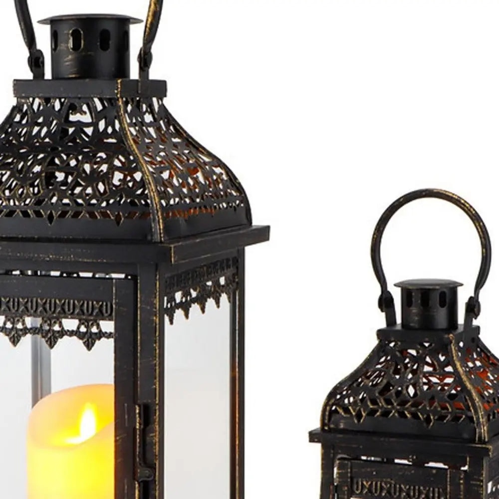 Set of Two Black Distressed Filigree Metal Tabletop Lantern Candle Holders HomeRoots