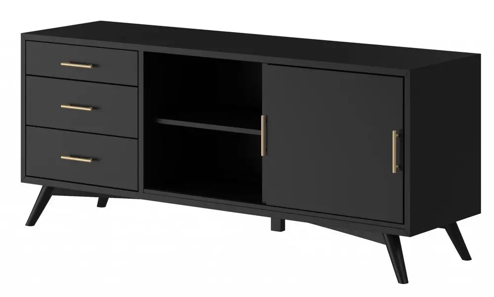 64" Black Mahogany Solid Wood Enclosed and Open Storage TV Stand HomeRoots