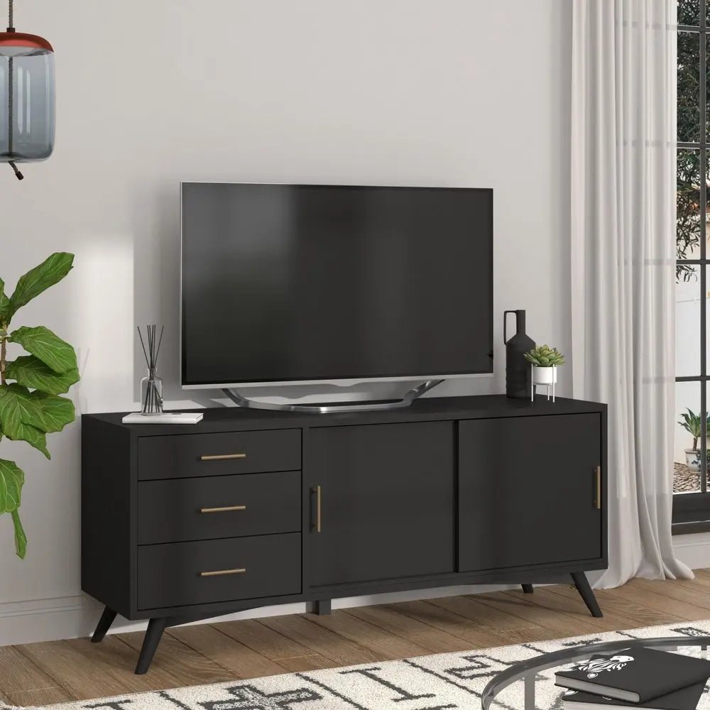 64" Black Mahogany Solid Wood Enclosed and Open Storage TV Stand HomeRoots