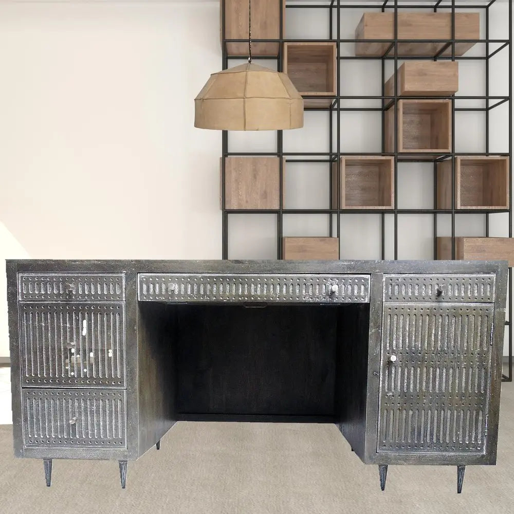 64" Brown and Silver Solid Wood Executive Desk With Five Drawers - NOBLE HOME INTERIORS