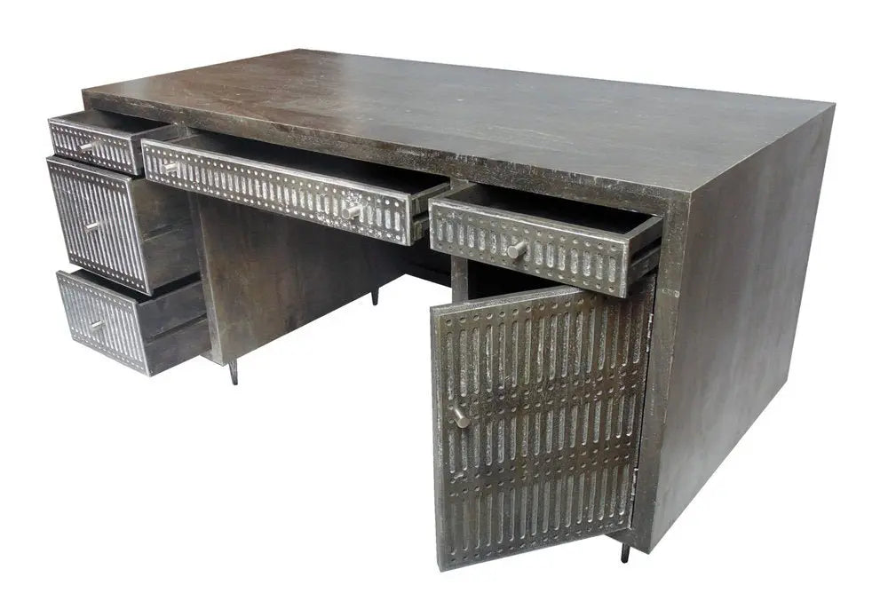 64" Brown and Silver Solid Wood Executive Desk With Five Drawers - NOBLE HOME INTERIORS