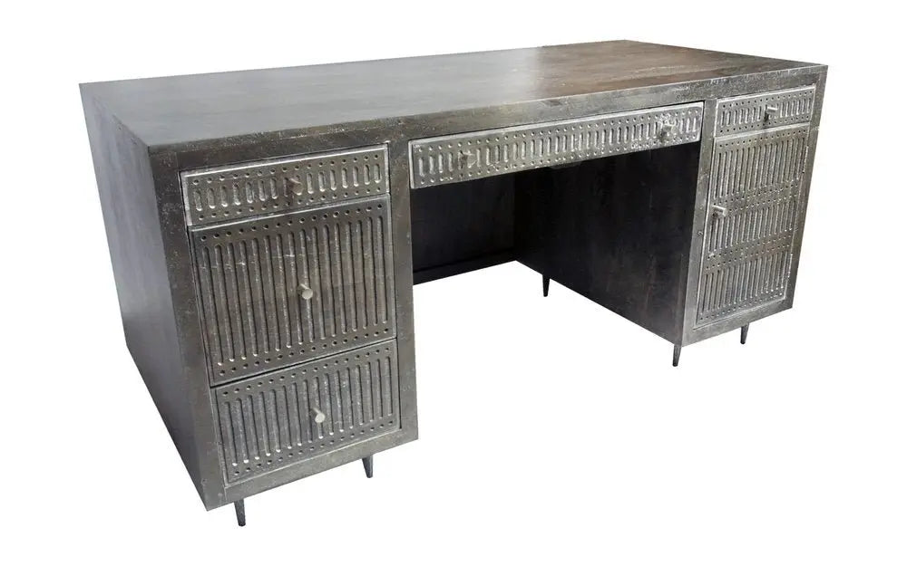64" Brown and Silver Solid Wood Executive Desk With Five Drawers - NOBLE HOME INTERIORS