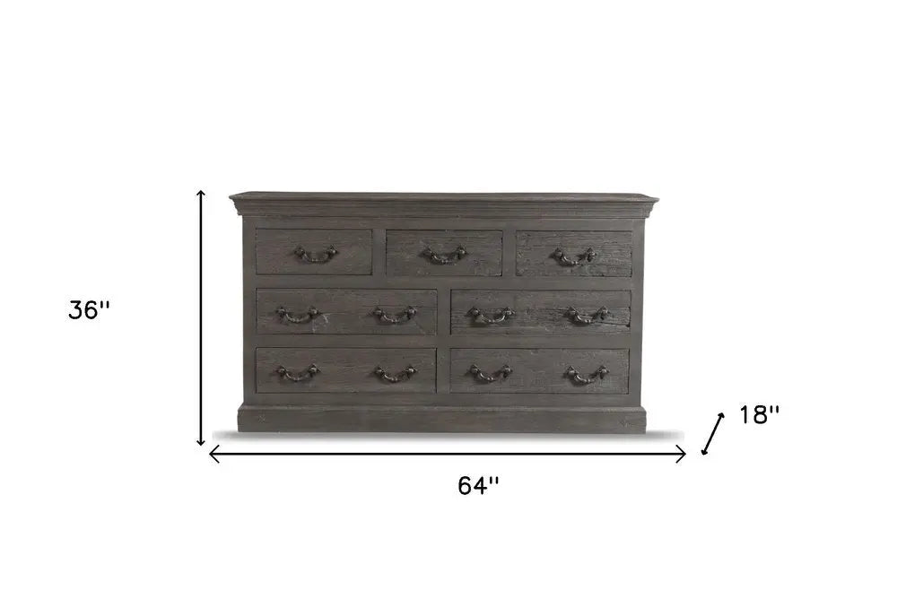64" Brown Distressed Solid and Reclaimed Wood Seven Drawer Double Dresser - NOBLE HOME INTERIORS