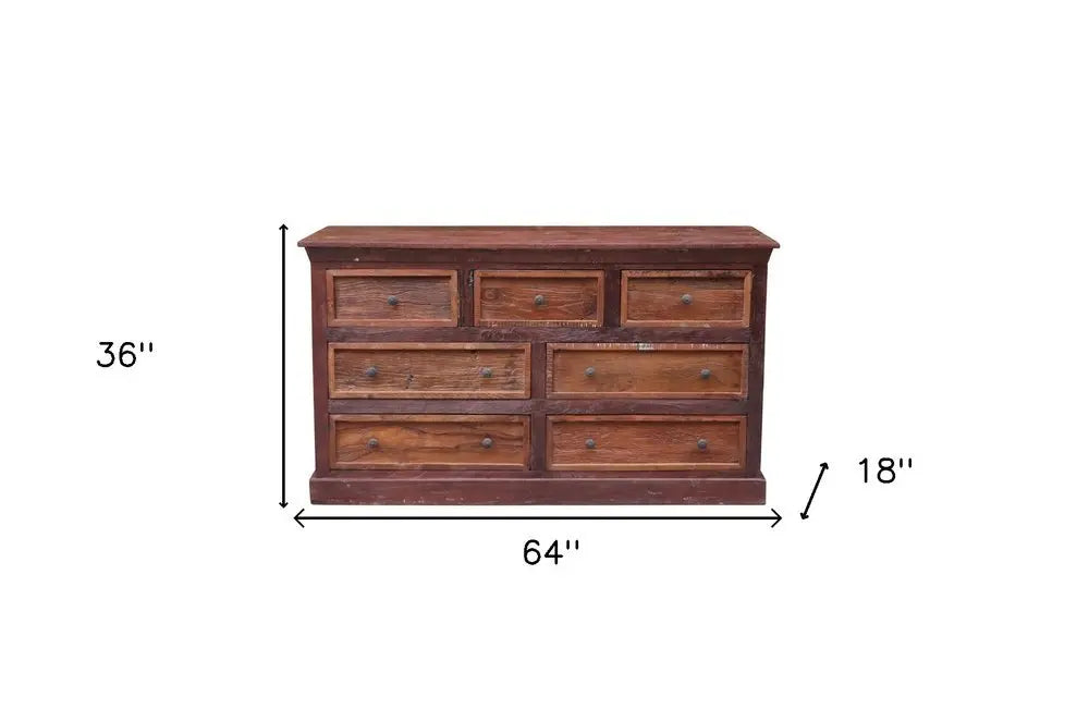 64" Brown Distressed Solid and Reclaimed Wood Seven Drawer Double Dresser - NOBLE HOME INTERIORS